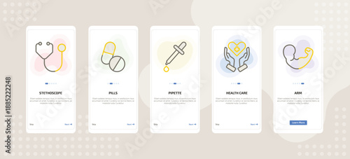 onboarding screen template for medical mobile app ui with stethoscope, pills, pipette, health care, arm icons.