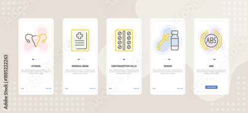 onboarding screen template for medical mobile app ui with uterus, medical book, contraceptive pills, serum, abs icons.