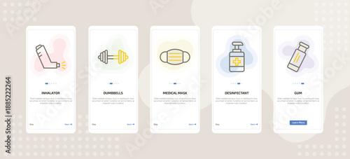onboarding screen template for medical mobile app ui with inhalator, dumbbells, medical mask, desinfectant, gum icons.