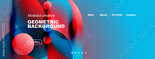 Abstract geometric design features vibrant colors, fluid shapes, text elements, navigation menu. Modern aesthetic suitable website background.