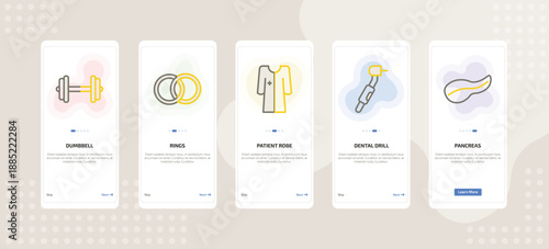 onboarding screen template for medical mobile app ui with dumbbell, rings, patient robe, dental drill, pancreas icons.