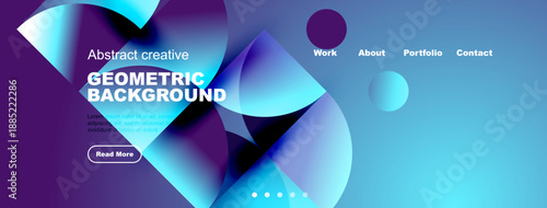 Abstract website header design. Vibrant blue, purple gradients dominate. Geometric shapes, text elements present. Clean, modern aesthetic.