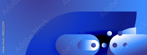Abstract blue shapes create dynamic composition. Gradient shades suggest depth, light interplay. Modern design evokes technology, innovation.