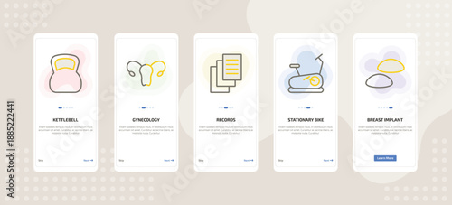 onboarding screen template for medical mobile app ui with kettlebell, gynecology, records, stationary bike, breast implant icons.