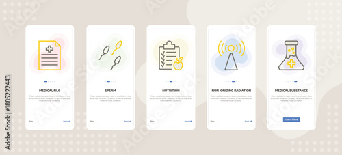 onboarding screen template for medical mobile app ui with medical file, sperm, nutrition, non ionizing radiation, medical substance icons.