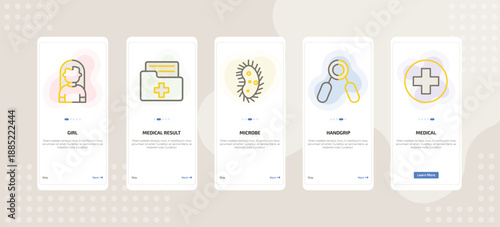 onboarding screen template for medical mobile app ui with girl, medical result, microbe, handgrip, medical icons.