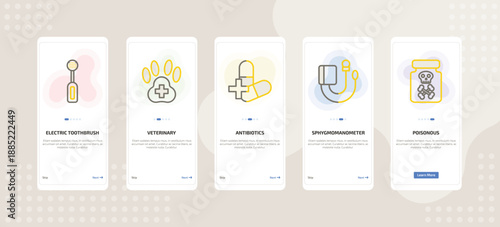 onboarding screen template for medical mobile app ui with electric toothbrush, veterinary, antibiotics, sphygmomanometer, poisonous icons.