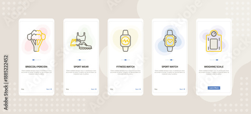 onboarding screen template for fitness mobile app ui with broccoli porcion, sport wear, fitness watch, sport watch, weighing scale icons.