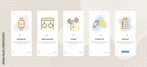 onboarding screen template for fitness mobile app ui with pulsometer, rings exercises, fitness, fitness step, to do list icons.