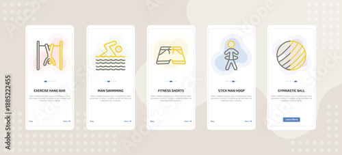 onboarding screen template for fitness mobile app ui with exercise hang bar, man swimming, fitness shorts, stick man hoop, gymnastic ball icons.