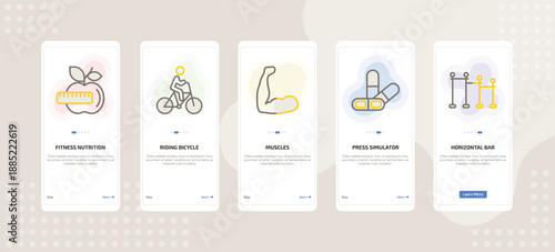 onboarding screen template for fitness mobile app ui with fitness nutrition, riding bicycle, muscles, press simulator, horizontal bar icons.