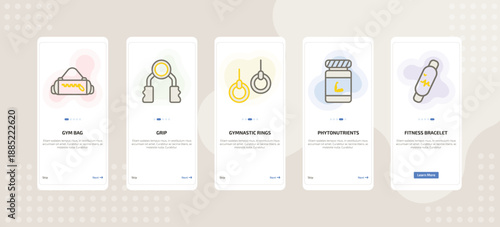 onboarding screen template for fitness mobile app ui with gym bag, grip, gymnastic rings, phytonutrients, fitness bracelet icons.