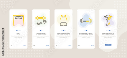 onboarding screen template for fitness mobile app ui with scale, little dumbbell, female sportwear, exercising dumbbell, lifting dumbbells icons.