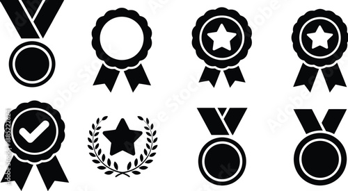 Award and recognition icon collection with solid medals, badges, and laurel wreath symbols, ideal for ranking systems, achievement highlights, success visuals, certification graphics