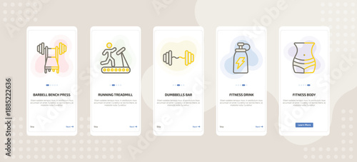 onboarding screen template for fitness mobile app ui with barbell bench press, running treadmill, dumbbells bar, fitness drink, fitness body icons.
