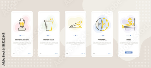 onboarding screen template for fitness mobile app ui with boxing mannequin, protein shake, , power ball, press