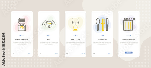 onboarding screen template for furniture mobile app ui with water dispenser, dog, table lamp, silverware, shower curtain icons.