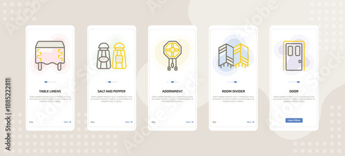 onboarding screen template for furniture mobile app ui with table linens, salt and pepper shakers, adornment, room divider, door icons.
