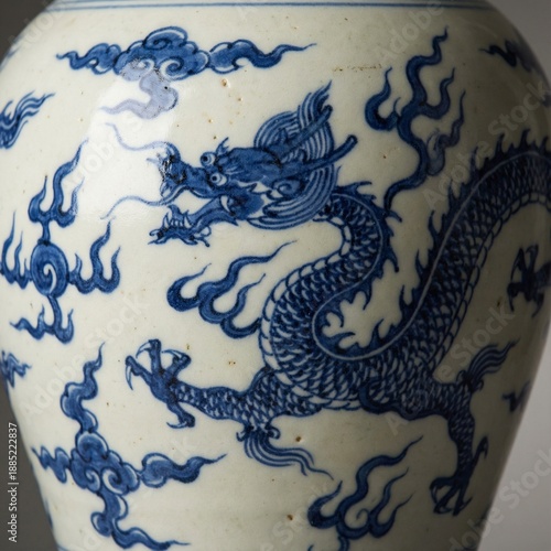 Intricate blue dragon chasing clouds adorns ancient white porcelain vase surface