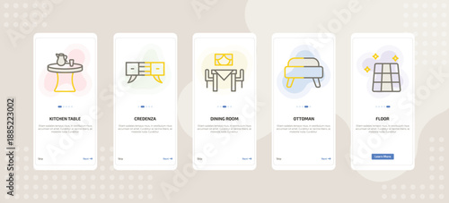 onboarding screen template for furniture mobile app ui with kitchen table, credenza, dining room, ottoman, floor icons.