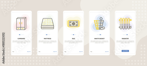onboarding screen template for furniture mobile app ui with cupboard, mattress, rug, waste basket, radiator icons.