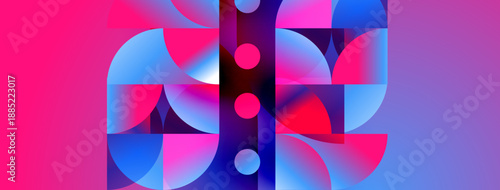 Abstract geometric composition. Vivid pinks, blues dominate. Circles, rectangles interlock creating dynamic visual effect. Modern design.