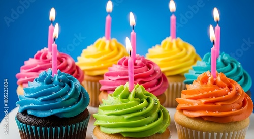 colorful cupcakes (teal, yellow, and pink) with swirling frosting and sprinkles, each topped with a lit pink candle emitting a thin trail of smoke.