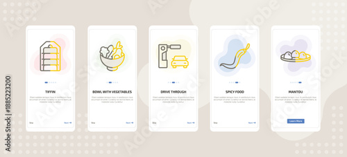onboarding screen template for food mobile app ui with tiffin, bowl with vegetables, drive through, spicy food, mantou icons.