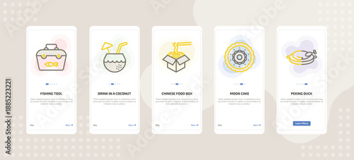 onboarding screen template for food mobile app ui with fishing tool, drink in a coconut, chinese food box, moon cake, peking duck icons.