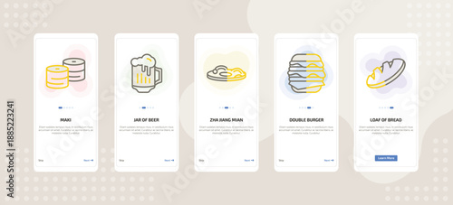 onboarding screen template for food mobile app ui with maki, jar of beer, zha jiang mian, double burger, loaf of bread icons.