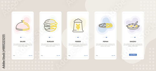 onboarding screen template for food mobile app ui with salver, burguer, fodder, popiah, shuizhu icons.