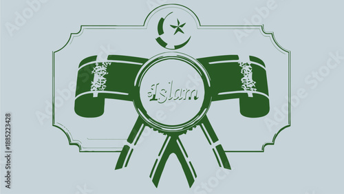 Islamic Label with Green Ribbon and Crescent Moon