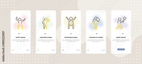 onboarding screen template for emotions mobile app ui with happy human, confused human, refreshed human, incomplete sorry icons.