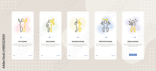 onboarding screen template for emotions mobile app ui with fat human, bad human, shocked human, irritated rough icons.