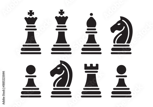 Varied set of black chess pieces isolated on a clean white background in vector format