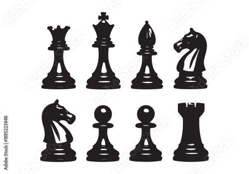 Collection of various black chess pieces in vector format against a clean white background