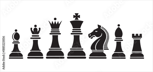 Lineup of assorted black chess pieces in vector format positioned on a clean white background