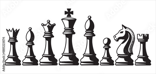 Arrangement of various black chess pieces in vector format displayed on a clean white background