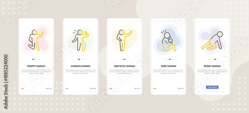 onboarding screen template for emotions mobile app ui with crappy human, curious human, grateful human, sore ready icons.