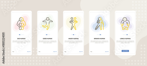 onboarding screen template for emotions mobile app ui with sad human, good human, angry human, broken lonely icons.