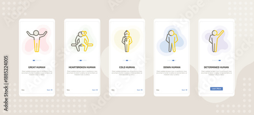 onboarding screen template for emotions mobile app ui with great human, heartbroken human, cold human, down determined icons.