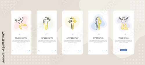 onboarding screen template for emotions mobile app ui with relieved human, hopeless human, annoyed human, better proud icons.