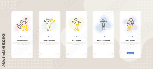 onboarding screen template for emotions mobile app ui with drunk human, amazed human, sexy human, helpless hurt icons.