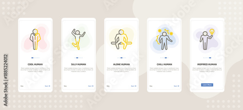 onboarding screen template for emotions mobile app ui with cool human, silly human, alone human, chill inspired icons.