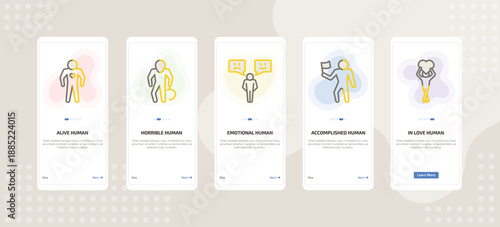 onboarding screen template for emotions mobile app ui with alive human, horrible human, emotional human, accomplished in love icons.