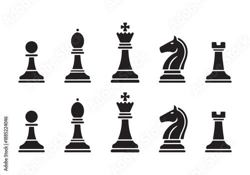 Set of black chess pieces vector isolated on white background, strategic board game icons