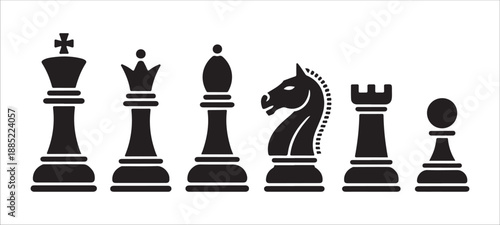 Collection of black chess pieces on white background including king queen bishop knight rook and pawn icons