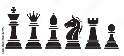 Collection of black chess pieces on white background including king queen bishop knight rook and pawn icons