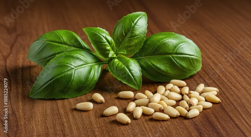 Fresh vibrant green basil leaves and scattered raw pine nuts, essential components for creating delicious homemade pesto sauce on a wooden surface ,vegan ,italian ,wholefood