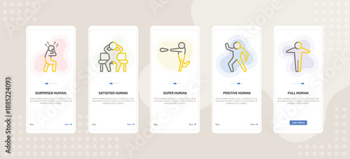 onboarding screen template for emotions mobile app ui with surprised human, satisfied human, super human, positive full icons.